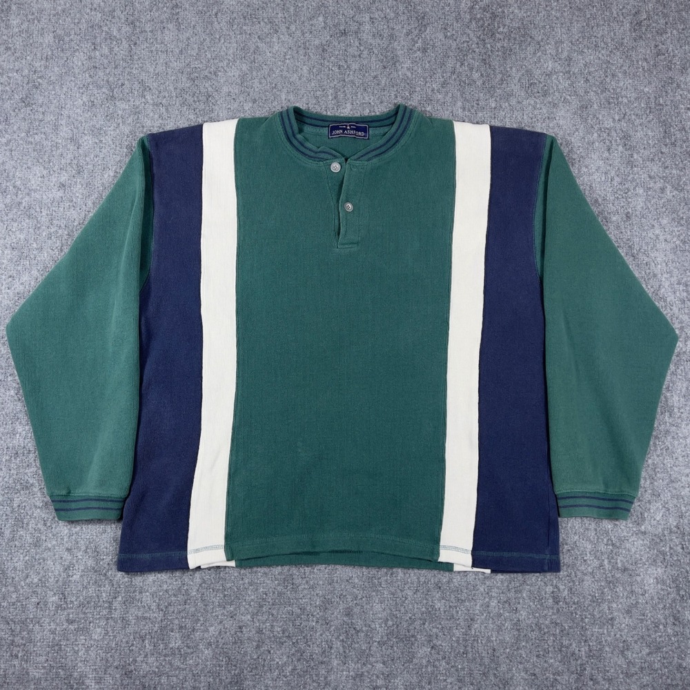 Vtg John Ashford Henley Shirt Mens XL Green Colorblock Long Sleeve Ribbed Cotton